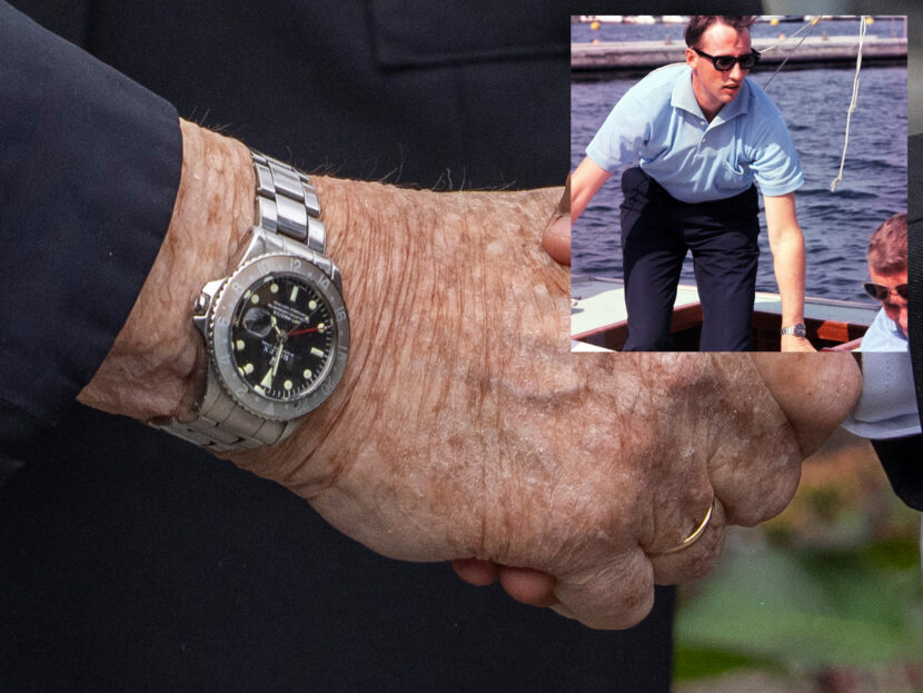 Harald har eid sin Rolex GMT-Master siden 1962, og den fargerike bezelen har falmet til nesten grå. Den ikoniske referansen 1675 var i produksjon fra 1959 til 1980, som er lenge i Rolex-katalogen. (Foto: Cornelius Poppe/NTB, arkiv. Kollasj: Subjekt.)