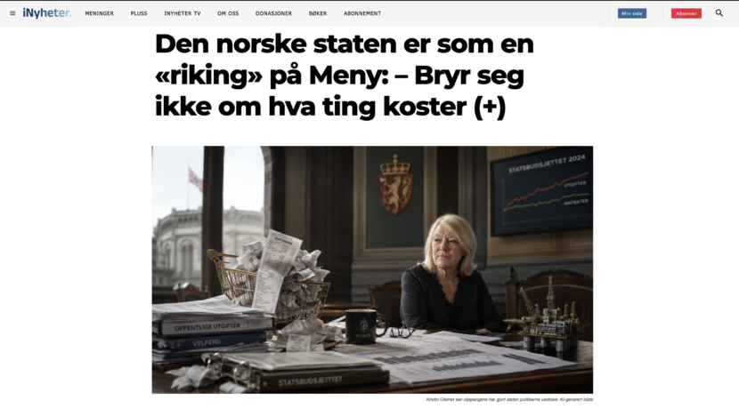 Kristin Clemet satt aldri i dette rommet. Alt på bildet er KI-generert. (Faksimile: Inyheter.no)