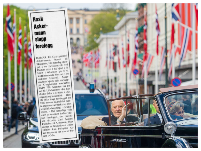 På offisielle oppdrag må Harald sitte i baksetet. Men han elsker å gasse på når han er inkognito. (Foto: NTB. Faksimile: Budstikka. Kollasj: Subjekt.)