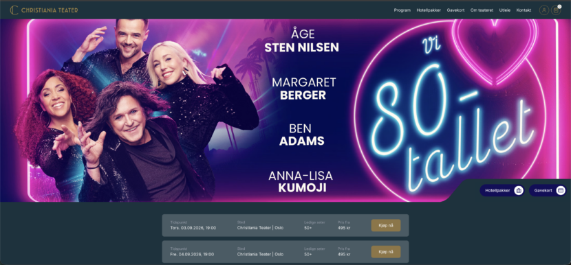 Christiania teater markedsførte med priser fra 495 kroner. Forestillingene vist her var alle utsolgt til denne prisen. (Skjermbilde: Christianiateaterscene.no.)