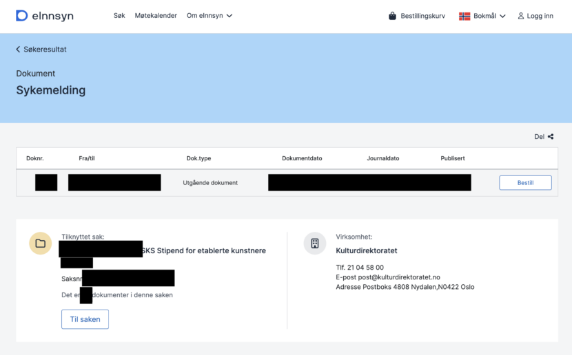 Kulturdirektoratet innrømmer å ha delt helseopplysninger av tilskuddsmottakere. (Skjermbilde einnsyn.no.)
