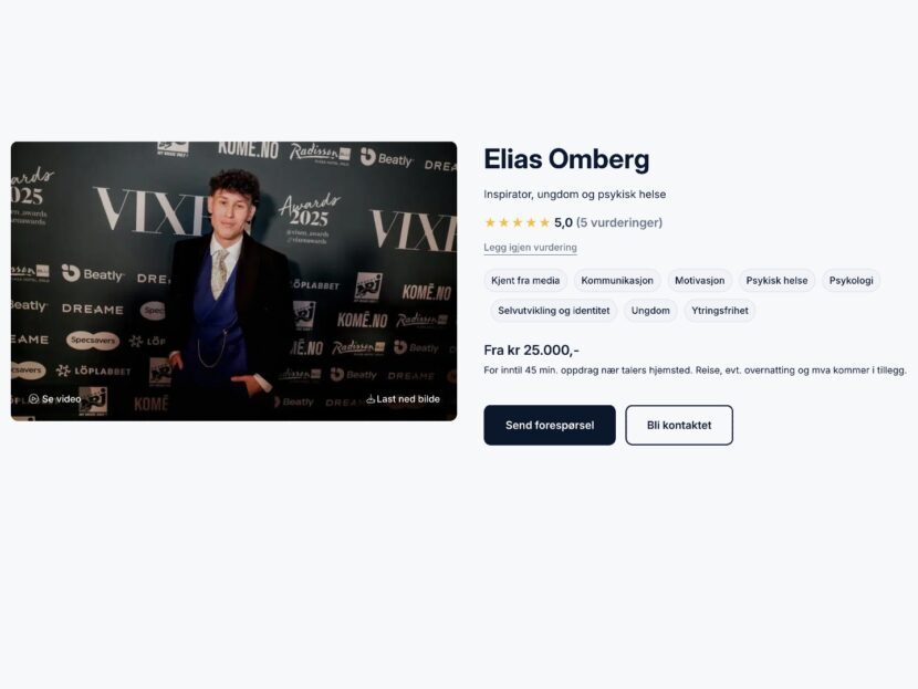 Elias Omberg. Talerlisten. 5 stjerner. Egt minstepris på 25.000 kroner. (Skjermdump: Talerlisten.)