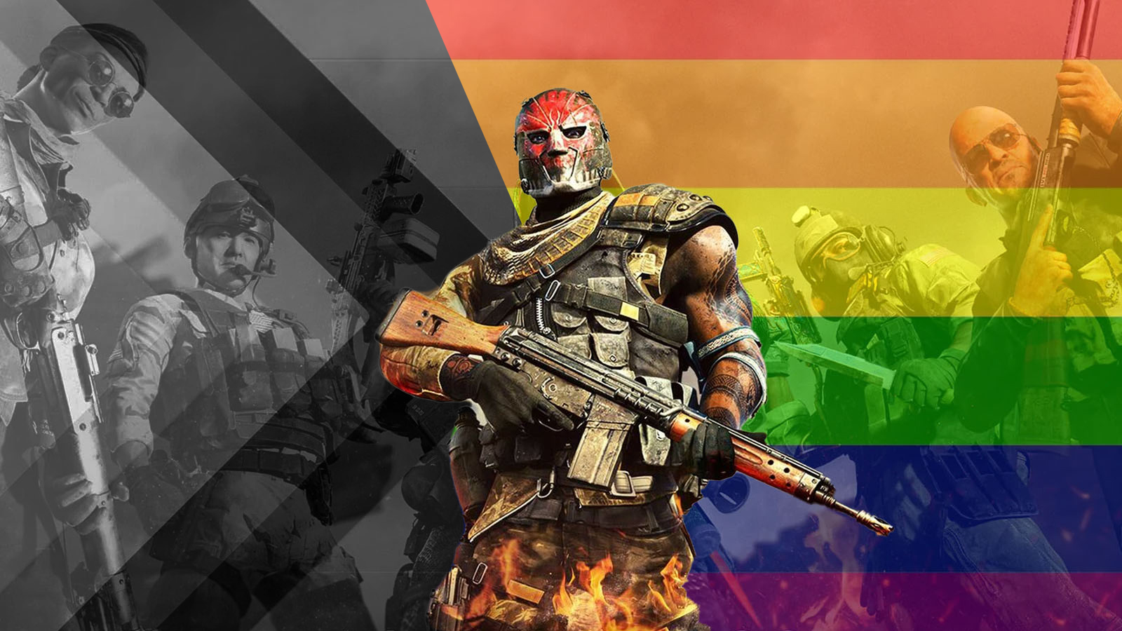 Det nyeste «Call of Duty»-spillet feirer Pride. Men passer på å sensurere det bort for spillere i Midtøsten. (Illustrasjon/Redigering: Presse/Subjekt.)