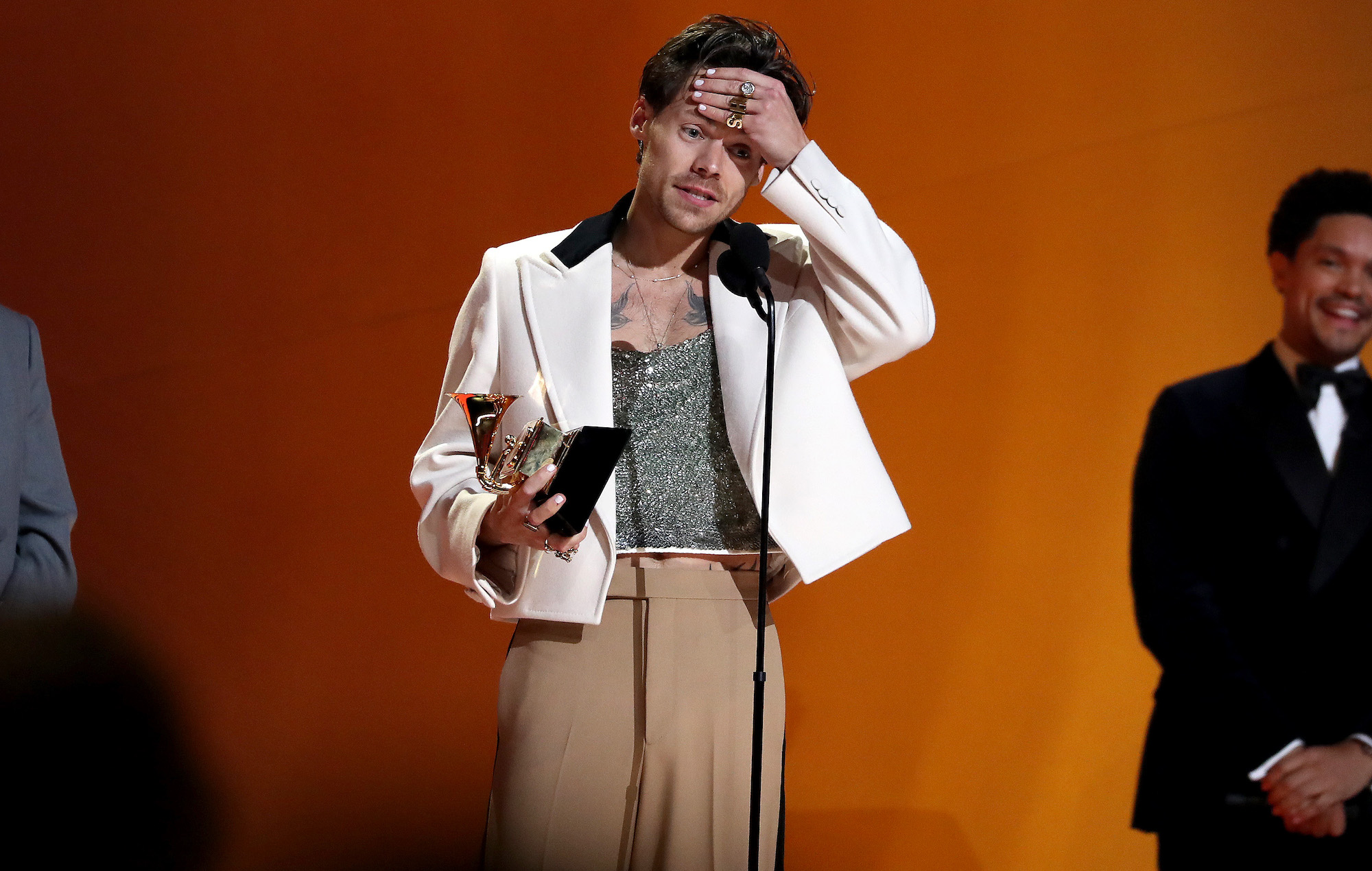 LOS ANGELES, CALIFORNIA - FEBRUARY 05: Harry Styles accepts the Album Of The Year award for “Harry's House” onstage during the 65th GRAMMY Awards at Crypto.com Arena on February 05, 2023 in Los Angeles, California. (Photo by Johnny Nunez/The Recording Academy)