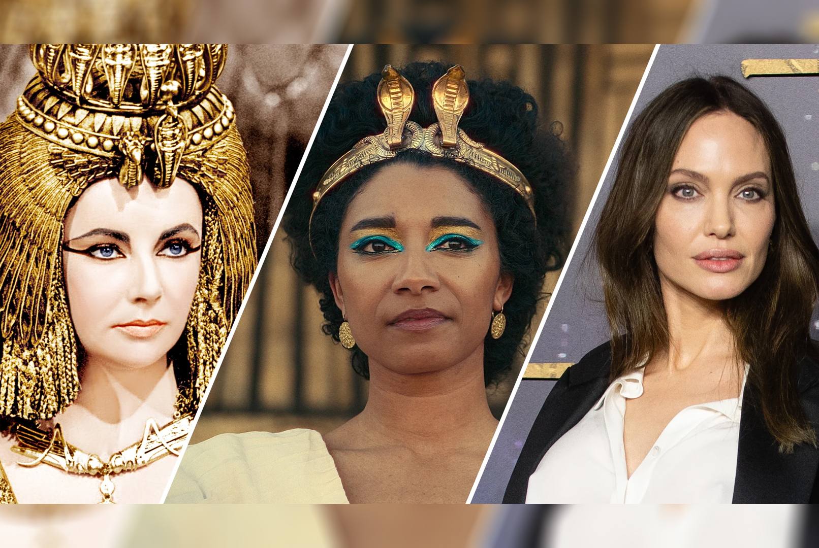 Kleopatra har blitt tolket av skuespillere som Elizabeth Taylor (t.v.), Netflix-aktuelle Adele James og Angelina Jolie. (Foto: Everett, Netflix, Getty.)